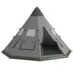 Outsunny 6 People Teepee Tent, Camping Family Tent with Mesh Windows, Sewn-in Tent Floor, Zipper Door and Carry Bag for Hiking, Picnic, Outdoor Night, Grey
