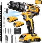 JayLene 21V Cordless Drill Set, Power Drill 59Pcs with 3/8 Inch Keyless Chuck, 25 3 Clutch Electric Drill with Work Light, Max torque 45Nm, 2-Variable Speed & 2 Batteries and Fast Charger