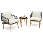 COSTWAY 3PCS Rattan Bistro Set, String Garden Furniture Set with 2 Armchairs, Glass Coffee Table, Cushions and Acacia Wood Legs, Outdoor Wicker Conversation Table Chair Set for Deck Yard Terrace