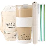 All-in-One Reusable Glass Boba Cup/Smoothie Tumbler - 24oz BPA Free Bottle with Leak Proof Lid, Silicone Sleeve and Two Metal Straws for Water, Juice, Smoothies, Bubble Milk Tea and Coffee (White)