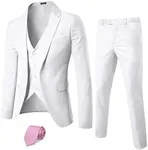 YND Men's Slim Fit 3 Piece Suit, One Button Jacket Vest Pants Set with Tie, Solid Party Wedding Dress Blazer, Tux Waistcoat and Trousers White