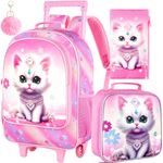 3Pcs Rolling Backpack for Girls, Kids Roller Bookbag with Wheels, Cat Wheeled Backpacks Set for Elementary Toddler(Pink)