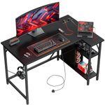 DOMSHOCT L Shaped Gaming Desk with Power Outlets, 100x70cm Corner Computer Desk with Large Reversible Shelves, Home Office Desk with Hooks for Writing Study Bedroom Black