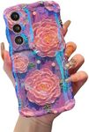 XIZYO Case for Samsung Galaxy S24, Colorful Retro Oil Painting Flower Cute Floral Aesthetic Curly Wave Frame Laser Glossy Reflective Exquisite Stylish Cover Girly Women-Peony/Purple