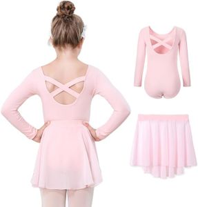 DIPUG Ballet Leotards for Girls Dance Leotard Combo Toddler Removable Dance Skirt, Pink-long Sleeve, 10-12 Years