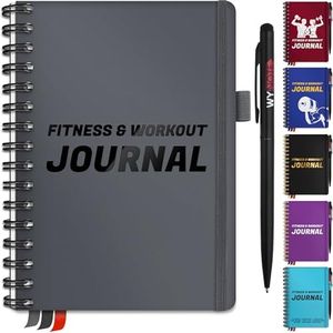 Fitness Journal Grey on 150+ Workouts + Yearly Calendar + 55 Tracking Values - A5 Workout Journal with Fat tracking - Planner to 12 items to track + 7 comparative periods + Goals