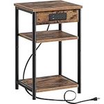 Rolanstar End Table with Charging Station, 3 Tier Slim Nightstand with Storage Shelf, Narrow Side Table with USB Ports & Power Outlets, Steel Frame, for Living Room, Bedroom, Rustic Brown