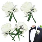 JUNMEIDO 4 PCS Rose Wedding Boutonniere White Boutonniere Handmade Corsage Buttonhole Flowers Artificial Wedding Prom Banquet Flowers Decor with Pin&Clip for Groom Men Bridal Women Suit Dress