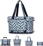 WOOMADA Foldable Travel Duffel Bag, Weekender Bags for Women with Expandable Space, Carry on bags with Wet Pocket & Trolley Sleeve (blue white checkerboard)