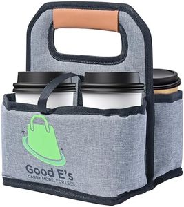 Good E’s 4 Cup Reusable Coffee Cup Carrier for Delivery, Insulated, Waterproof, Collapsible, Portable Tote Bag Drink Holder with Leather Handle Organizer for Cold/Hot Drink & Beverages (16oz to 24oz)