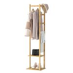 Wisfor Bamboo Clothing Rack, Corner Coat Rack Stand Hall Trees Free Standing Clothes Hanging Rail Garment Rack with 2 Shelves 3 Hanger Hooks and Pants Hanger for Entryway Bedroom Living Room