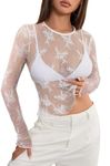 MEROKEETY 2024 Fall Womens Lace Sheer Mesh Long Sleeve Top Crewneck Sexy Y2k See Through Going Out Blouse Shirts, White, XX-Large