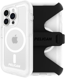 Pelican Voyager Series - iPhone 15 Pro Case 6.1" [Compatible with MagSafe] [Anti-Yellow] Magnetic Charging Phone Case with Belt Clip Holster Kickstand [18ft Military Grade Drop Protection] - Clear