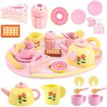 Ranqibo Wooden Tea Sets for Toddlers 3-5, Tea Party Set for Little Girls 4-6, Toddler Tea Set with Teacups, Dessert Food Items and Tray, Birthday Gift for Kids Aged 3-6