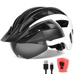 FUNWICT Adult Bike Helmet with Visor and Goggles for Men Women Mountain Road Bicycle Helmet Rechargeable Rear Light Cycling Helmet (L: 57-61 cm (22.4-24 inches), Blackwhite)