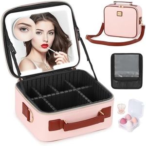 Aiborke Travel Makeup Bag with Led Mirror Make up Case with Lighted Mirror Cosmetic Organizer bag with Adjustable Dividers and 5X Magnifying Mirror Makeup Box Vanity Case for Women (Pink+Brown)