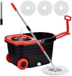 Mop Bucket Set, 360 Spin Mop Bucket with 3 Mop Heads, Mop and Bucket with Wringer Set Stainless Steel Spin Mop Bucket System on Wheels for Floor Cleaning Household Cleaning