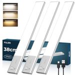 FULEN Under Cabinet Lights, Rechargeable Battery Operated Lighting, Wireless Motion Sensor Light Indoor, 3 Colors Night Light, Stick-On Magnetic Closet Lights for Kitchen, Hallway, Silver 3 Pack