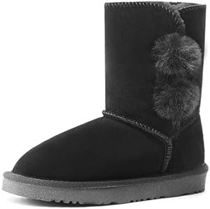 DREAM PAIRS Girls Boots Kids Boys Winter Snow Suede Mid Calf Boots Faux Fur Lined FuzzyChic Kid's Lolly for Little Kid/Big Kid,Size 11 Little Kid,Black,Shorty-Pompom