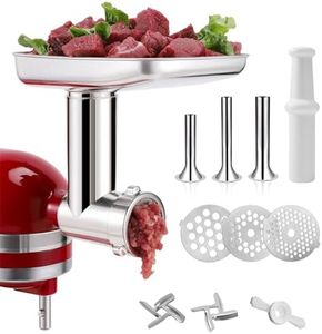 KINGEAGLE Stainless Steel Food Grinder Attachment for KitchenAid Stand Mixer, Durable Meat Grinder, Includes 3 Grinding Plates, 3 Sausage Stuffer Tubes, 2 Grinding Blades, Dishwasher Safe, 82207K