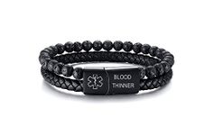 BLOOD THINNER Medical Alert ID Two-Strand Braided Leather Cuff Wristband Rope Bracelet with Magnetic Clasp for Men Boys