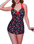 Ekouaer Womens One Piece Swimsuits Vintage Striped Skirt Bathing Suit Vintage Retro Push Up Swimwear, Cherry Print, XXXXL