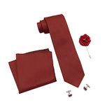 RIZORO Mens Micro Self Silk Necktie Gift Set With Pocket Square Cufflinks & Brooch Pin Formal Tie With Gift Box (Red Maroon SIDIMRRX Free Size)