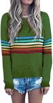 ECOWISH Women's Sweater Rainbow Colorful Striped Sweaters Long Sleeve Crew Neck Color Block Casual Pullover Blouse Tops 01 Green Small