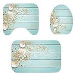 payanwin 3 Piece Bathroom Rug Set, Starfish Pattern Bath Rugs Non-Slip Mat Set Included Toilet Seat Cover Bath Mat Lid Toilet Cover (Seashell Pattern)