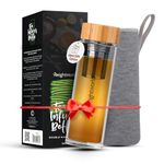 Tea Infuser Bottle - 500ml Leakproof Hot & Cold Brew Glass Water Bottle - Water Bottle With Stainless Steel Tea Strainer, Bamboo Lid & Neoprene Sleeve -BPA Free Loose Tea Infuser