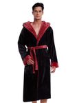 ROSYLINE Mens Robes Kimono Fleece Hooded Bathrobe Plush Long Warm Robe Black/Wine Red M