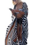 Eddoyee Chiffon Beach Kimono Cardigans for Women Zebra Print Open Front Swimsuit Cover Up with Belt