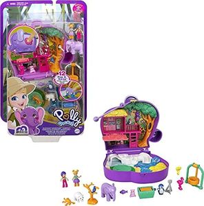 Polly Pocket GTN22 - Pudełko przygód słonia, 2 małe lalki, 5 niespodzianek, 13 akcesoriów, od 4 LAT