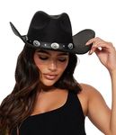 Eohak Womens Western Cowboy Hats Studded Pinched Western Cowgirl Hats Wide Brim Fedoras Hat with Belt Buckle (Size:Medium), Black, Medium