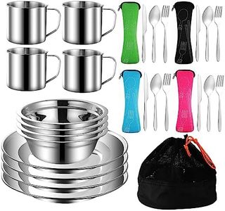 Jorunhe 29pcs Outdoor Camping Tableware Kit Stainless Steel Tableware Mess Kit Includes Plate Bowl Cup Spoon Fork Knife in Mesh Bags for Camping Backpacking & Hiking for 4 Person Silver