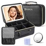 JUSRON Travel Makeup Bag with LED Mirror-3 Colors Modes, Portable Cosmetics Organizer with Adjustable Dividers Compartment, Light Up Vanity Case&Makeup Storage for Women with Makeup Accessories