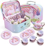 JOYIN Unicorn Tea Party Set for Little Girls, Pretend Pink Tin Teapot Set, Princess Tea Time Play Kitchen Toy with Teapot, Cup, Plate, Carrying Case for Birthday Easter Gift Kids Toddlers Age 3 4 5 6