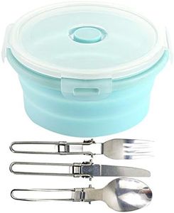 D DASAWAN 40oz Camping Bowl with Lid - Portable Collapsible Silicone Bowl and Foldable Stainless Steel Dinner Knife, Fork, Spoon Set for Travel and Camping - Microvave and Fridge Food Storage Bowl