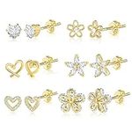 ALEXCRAFT Gold Stud Earrings for Women Small Stud Earrings Heart Cubic Zirconia Stud Earrings 6 Pairs 14k Gold Plated Stud Earrings Set for Women Girls