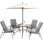 COSTWAY 6 Piece Patio Dining Set, Garden Furniture Set with 4 Cushioned Chairs, Tempered Glass Table and Parasol Umbrella, Outdoor Conservatory Bistro Table and Chairs Set for Balcony Yard Poolside