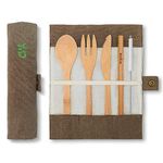 Bamboo Cutlery Set| Travel Cutlery Set | Eco Friendly Flatware Set | Knife, Fork, Spoon and Straw| Wooden Cutlery Set | Camping Cutlery Set with Travel Pouch | 20 cm | Olive | Bambaw