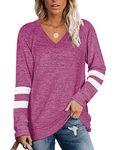 Famulily Women’s Casual V Neck Stripes T Shirt Ladies Baggy Color Block Long Sleeve Blouse Sweatshirt Tunic Tops(Rose Red,XXL)