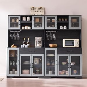 Fatmok 71" Pantry Cabinet with Wine Rack and Charging Station, Set of 2 Tall Coffee Bar Cabinets with LED Lights, Drawer, Adjustable Shelves, Kitchen Hutch Storage, Grey
