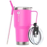 Bluwing 30 oz Insulated Tumbler Cups with Handle and Straw-Stainless Steel Travel Coffee Mug Tumbler for Women and Men (Hot Pink)