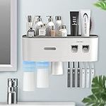 BHeadCat Toothbrush Holders Wall Mounted, Toothbrush Holder with Double Automatic Toothpaste Dispensers, 6 Brush Slots, 3 Magnetic Cups,1 Cosmetic Drawer Organizer and 1 Large Storage Tray（Grey）