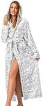 RONGTAI Hooded Leopard Print Bathrobe for Women, Long and Thick Fleece Material with Pocket, Lightly Luxurious, Grey, S