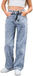 MakeMeChic Girl's Denim Pants High Waisted Straight Leg Jeans with Pockets Medium Wash B 10-11Y