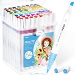 64 Colors Ohuhu Markers Water-Based Double Tipped Chisel & Brush Art Markers for Adult Coloring Calligraphy Sketching Bullet Journal, 1 Colorless Blender Kids Pen Gift