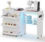 Lvifur Folding Sewing Table - with Storage, Lighted Sewing Cabinet with Charging Station, Farmhouse Sewing Desk with Motion Sensor Lights, Cutting Table with 3 Storage Trays,6 Wheels,White