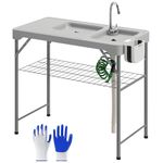 Outsunny Folding Fish Cleaning Table with Sinks, Portable Camping Sink Table, Gray